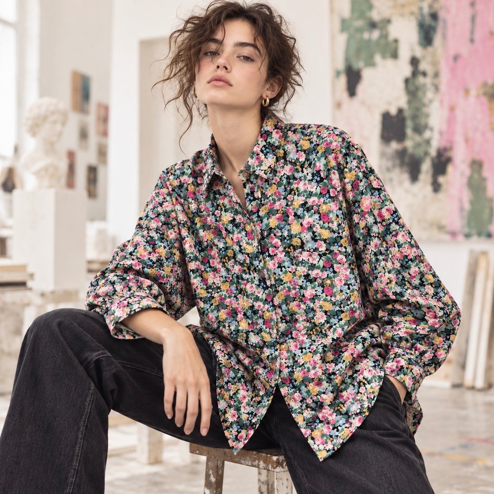 Vintage 90s Atlast Basics Floral Button Up Shirt Art Girl Romantic Maximalist S